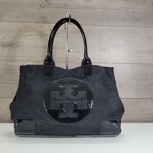 Tory Burch Ella Black NylonPatent-Trim Logo Tote